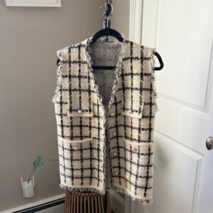 Plaid knit Vest with Frayed Edges